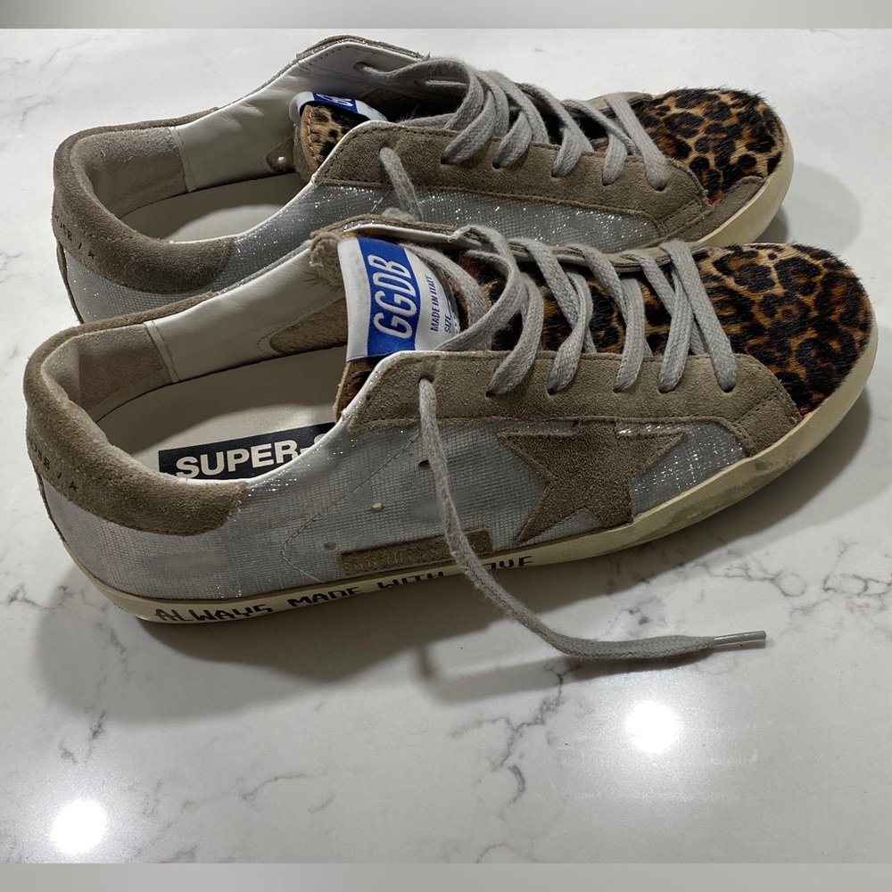 Golden Goose Superstars with grid glitter and pony hair leopard.